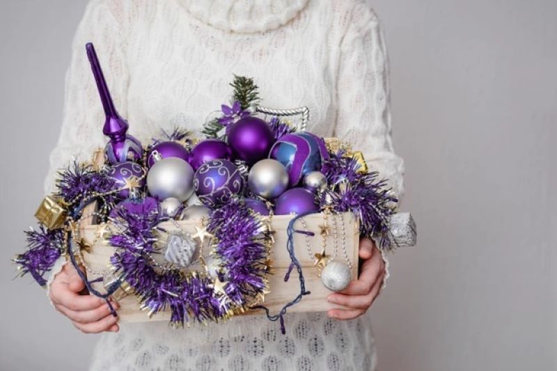 box with purple ornaments